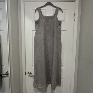 Eileen Fisher Organic Linen Slip Dress • Taupe• Sleeveless Midi w/ Pockets SP